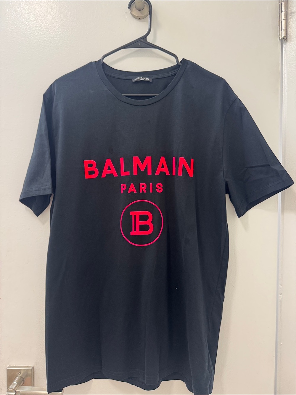 Balmain Black Short-Sleeve Tee with neon pink Logo